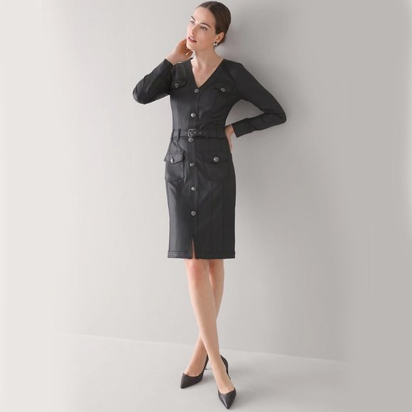 WHBM STUNNING! WASHABLE Coated Denim Shirt Dress Black Leather Look size 14 NWT - Picture 3 of 5